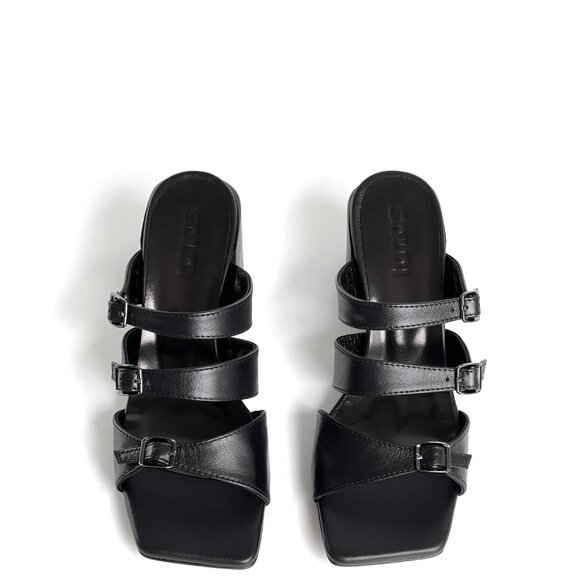 Women's Black Genuine Leather Block High Heeled Sandals, Square Open Toe Party - Picture 2 of 8